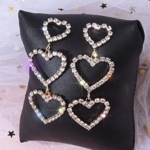 Heart earrings rhinestone diamond crystal drop dangly sparkly y2k luxury cute - Picture 2 of 5